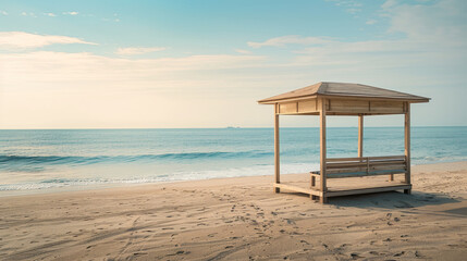 Fototapeta premium A wooden gazebo sits on a sandy beach near the ocean
