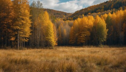 Golden autumn forest surrounding a grass meadow area.