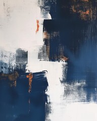 An abstract painting with bold, thick brushstrokes of navy blue, white, and hints of burnt orange.