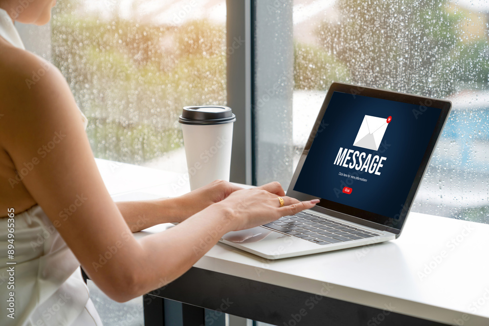 Poster email notification message showing on computer screen snugly. digital marketing message information 
