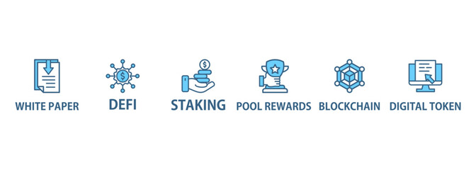 Gamefi banner web icon set vector illustration concept with icon of defi, white paper, play to earn, digital token, nft, blockchain, pool rewards and staking