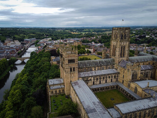 Fototapeta premium Durham Cathedral scenic aerial view by cloudy noon, England