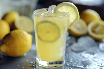 Refreshing Lemonade Drink with Lemon Slices and Ice