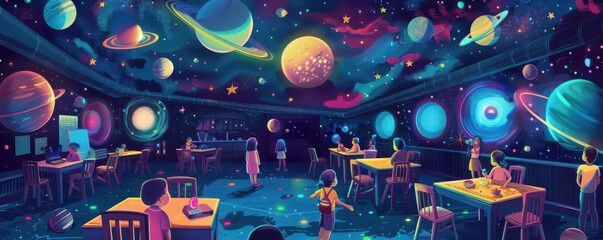 A vibrant spacethemed classroom with children learning about planets and stars, Educational, Bright colors, Digital illustration, highlighting learning and imagination