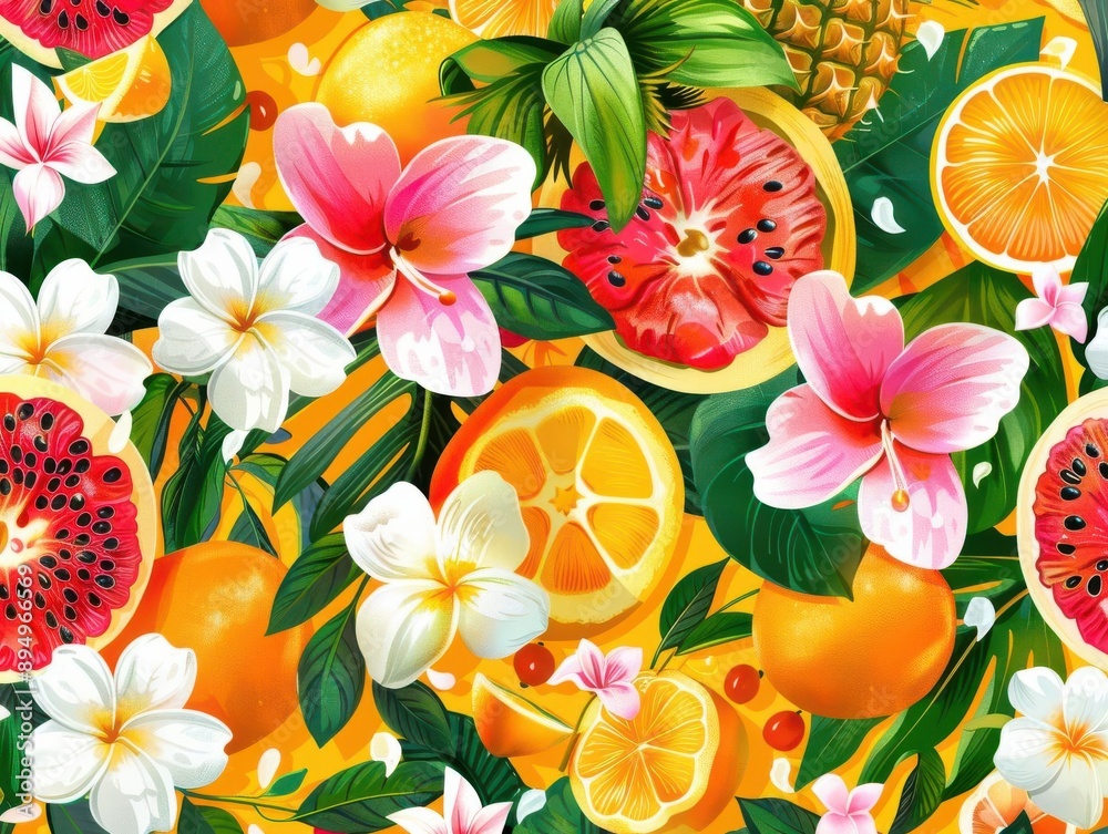 Wall mural a vibrant pattern of tropical fruits and flowers on a bright background, festive, bright colors, dig