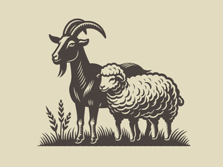 Goat and sheep. Vintage engraving vector illustration, emblem, logo. Isolated object