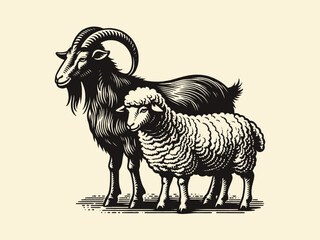 Goat and sheep. Vintage engraving vector illustration, emblem, logo. Isolated object