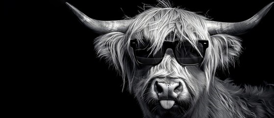 Funny Animals background - Scottish highland cow cattle with sunglasses and tongue out, isolated on black background, black and white
