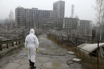 Fototapeta premium Person in hazmat suit exploring abandoned ruins