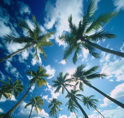 green palm trees with blue sky background; peaceful vacation/holiday backgrounds