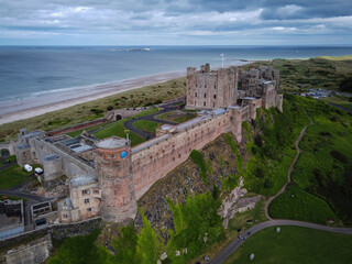 Scenic aerial view of Bamburgh Castle, Northumberland, England