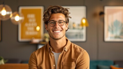 Fototapeta premium a smiling new generation employee, standing in front of a stylish and cozy workspace with comfortable seating, motivational posters, and a collaborative environment.