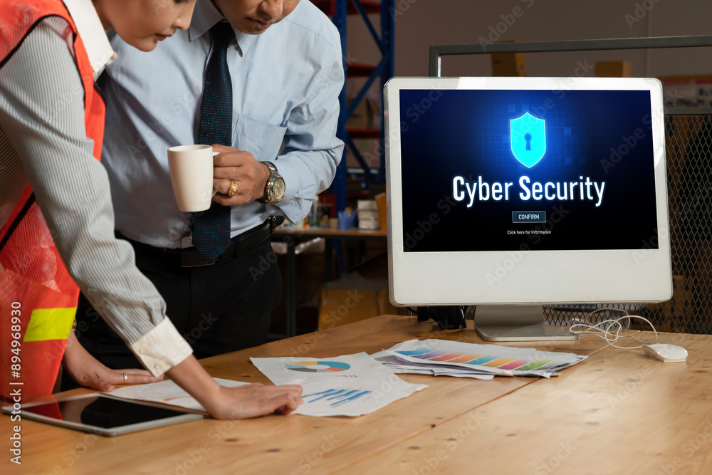 Poster cyber security system on computer screen protect private information snugly from hacker and cyber at