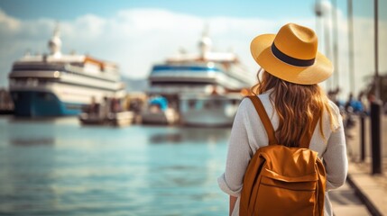A tourist young woman with a hat and backpack looking at a cruise ship in port, back view. Travel concept for young people traveling on vacation.