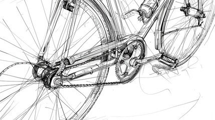 Obraz premium Illustration of a bicycle sketch with details, on a white background. The lines are precise and details such as the wheels, chain and handlebars are clearly defined.