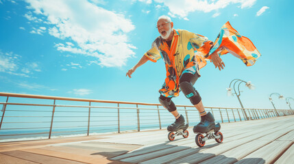 A telephoto angle photo of a stylish grandpa rollerblading on a sunny boardwalk, his colorful shirt flapping in the wind, with copy space