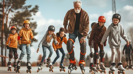 A telephoto angle photo of a stylish grandpa rollerblading with a group of younger skaters, blending the generations with his cool demeanor, with copy space