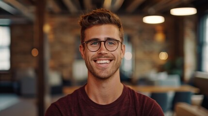 Obraz premium an enthusiastic new generation employee smiling warmly, with a modern industrial office background