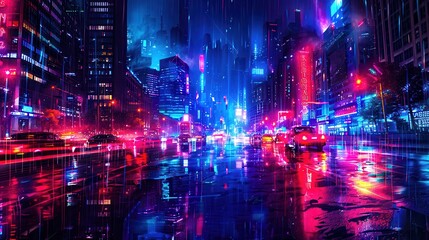 Obraz premium City at night, full of neon lights and tall buildings. Wet streets reflect colorful lights, creating a dynamic, vibrant urban scene. The colors are intense and contrasting.