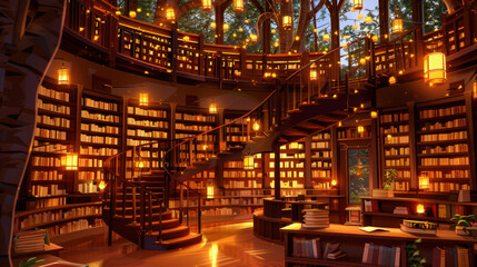 Fototapeta premium Enchanting spiral staircase in a warm, inviting library filled with books and glowing lanterns, surrounded by greenery