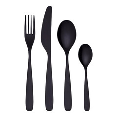 Cutlery set black mellalized matte stylish fork knife tablespoon teaspoon stainless steel kitchen utensils serving breakfast lunch dinner cafe restaurant home object isolated png illustration