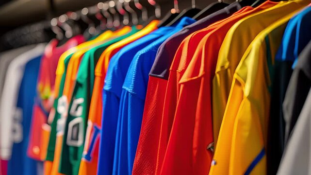 The colorful jerseys of the hockey teams hanging on hooks on the wall waiting to be worn.