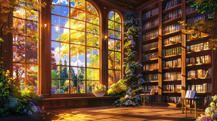 Cozy library interior with large windows showcasing autumn scenery, bookshelves filled with books, and sunlight illuminating the wooden floor