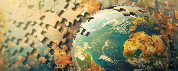 Fototapeta premium A globe made of puzzle pieces, with some pieces scattered around, Conceptual, Soft tones, Digital painting, symbolizing global unity and the complexity of world affairs