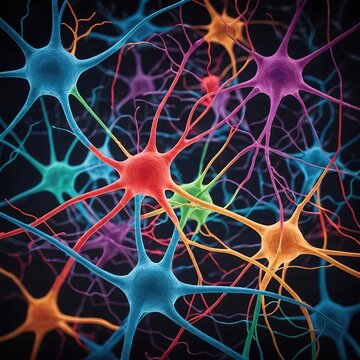 red neuronal de colores. Neurologia. Neuronas realizando conexiones sin&aacute;pticas. 