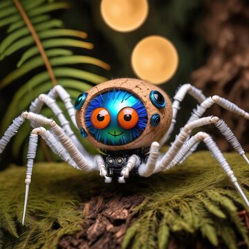 Ara&ntilde;a robotica sonriendo en un bosque. Patas blancas, cuerpo que simula la textura d euun corcho. Ojos expresivos y sonrisa. 