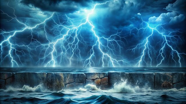 Dramatic black and blue background with electrifying lightning strikes, overlaid on a cracked stone wall texture, blending with a rough ocean sea surface grunge pattern.