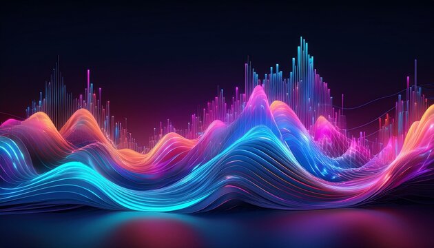 Abstract 3D sound waves in vibrant neon colors, 3D background music, dynamic and futuristic