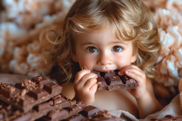 A young child with big, curious eyes and blonde curls is delightfully eating a chocolate bar, surrounded by stacks of chocolate pieces.