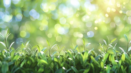 a crisp, springtime, bright garden background with bokeh of blurred greenery and green grass.