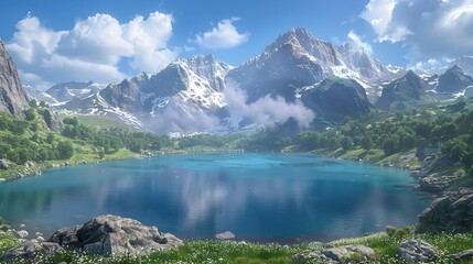   Mountain Lake in Field - A stunning depiction of a serene mountain lake surrounded by vibrant wildflowers, against the backdrop of soft, fluffy clouds