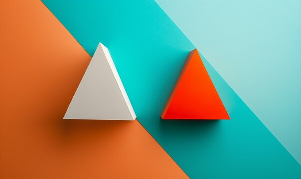 Abstract geometric art with orange, blue, and white triangular shapes.
