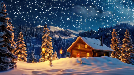 Fototapeta premium Cozy log cabin illuminated at night surrounded by snow-covered trees in a winter wonderland setting with falling snowflakes