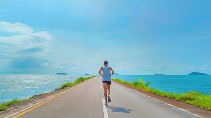 Heroic Effort: A lone runner strides purposefully down a scenic coastal road during a marathon. Sweat beads on their forehead, but their determined expression shows unwavering focus as they 