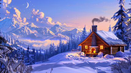 Fototapeta premium Serene winter cabin in a snowy landscape with mountains, glowing fireplace, and a crescent moon in a twilight sky