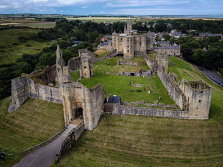 Warkworth Castle aerial view, Northumberland, England