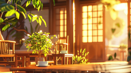 Serene outdoor seating area with wooden furniture and blooming plants bathed in warm sunlight, creating a tranquil ambiance