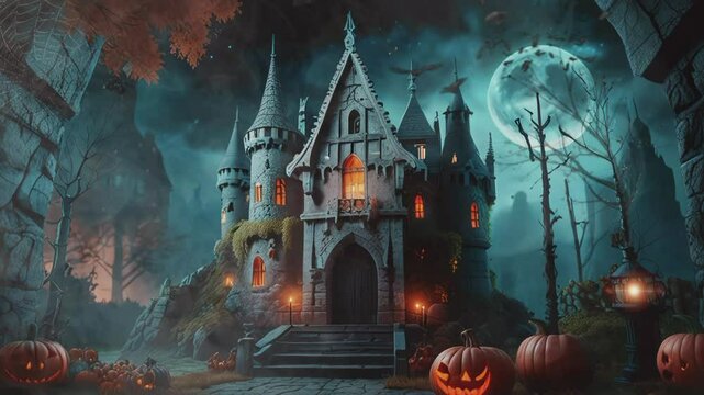 A castle during a Halloween event, 4K seamless looping virtual video animation background