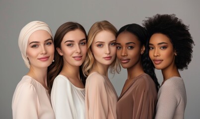 Obraz premium Diverse Group of Confident Men and Women Standing Together: Multicultural Beauty and Workplace Diversity Concept. Studio Portrait Showcasing Ethnic Variety and Professional Unity Isolated on Gray Back
