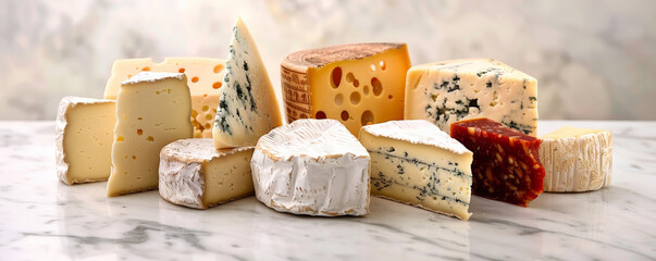 A detailed shot of an array of gourmet cheeses on a marble slab, including soft brie, aged gouda, tangy blue cheese, and creamy camembert, each showcasing unique textures and rich flavors, perfect for