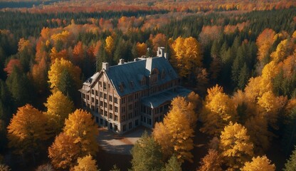Obraz premium Large building surrounded by vibrant autumn trees in forest.