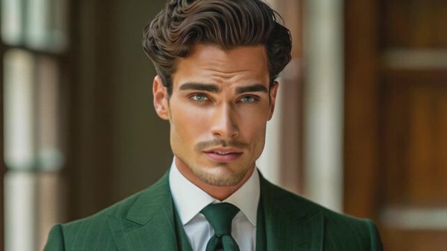 A stylish and sophisticated man in a green suit exudes confidence and elegance as he poses in a refined, classic interior setting. Perfect for fashion campaigns, luxury brand promotions, or scenes dep
