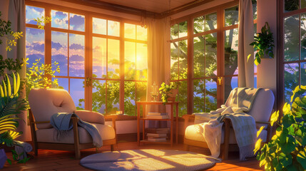 Fototapeta premium Cozy interior setting with two armchairs near large windows, bathed in warm sunset light, surrounded by lush greenery