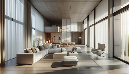 A modern living room with a minimalist design, featuring large windows, neutral tones and a mix of comfortable seating.
