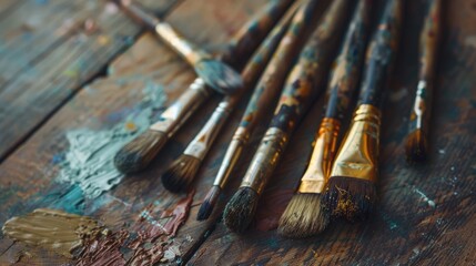 Fototapeta premium Old artist brushes on wooden table