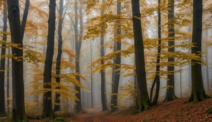 Misty autumn forest with tall trees and a leaf-covered path